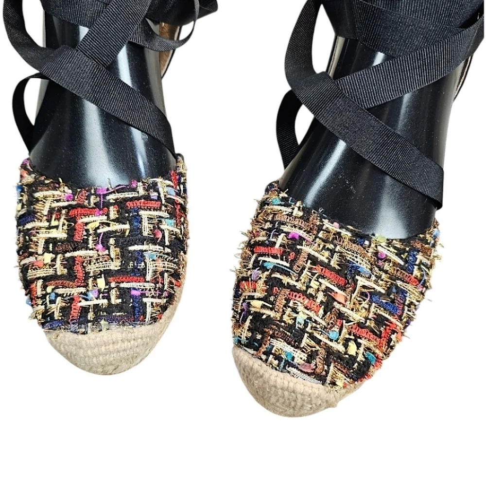 NEW! L.K. Bennett Tianna Black Tweed Espadrille Wedges Sz 37 7 Ankle Tie Preppy